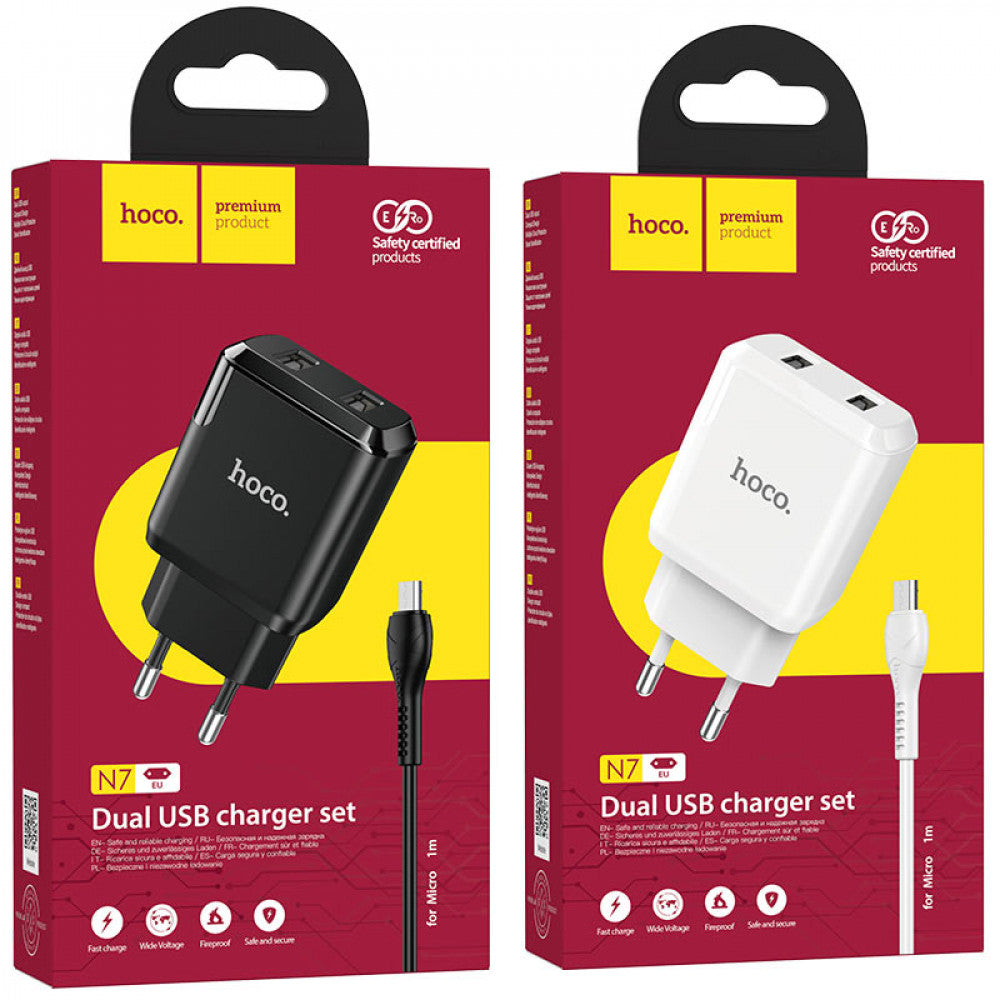 Home Charger 2.1A 2U Micro Cable (1m) Hoco N7 – Black