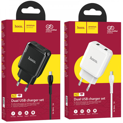 Home Charger 2.1A 2U Micro Cable (1m) Hoco N7 – Black