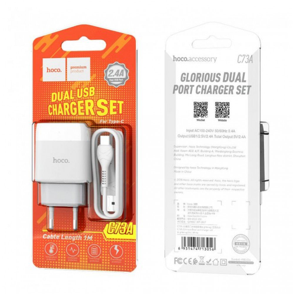 Home Charger 2.4A 2U USB C Cable (1m) Hoco C73A – White