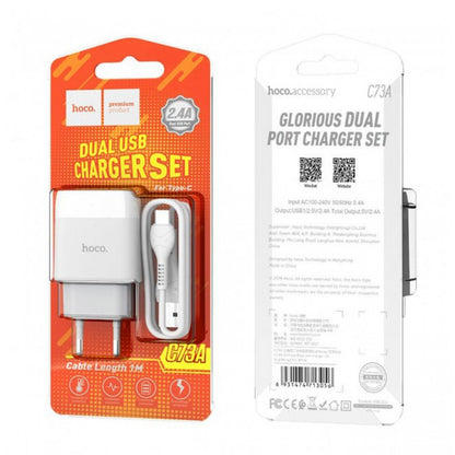 Home Charger 2.4A 2U USB C Cable (1m) Hoco C73A – White