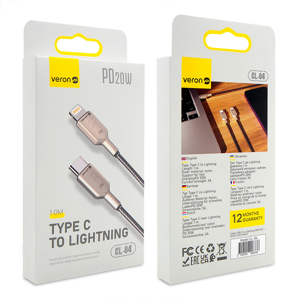 USB C to Lightning Cable 20W PD (1m) Veron CL04 Nylon – Black