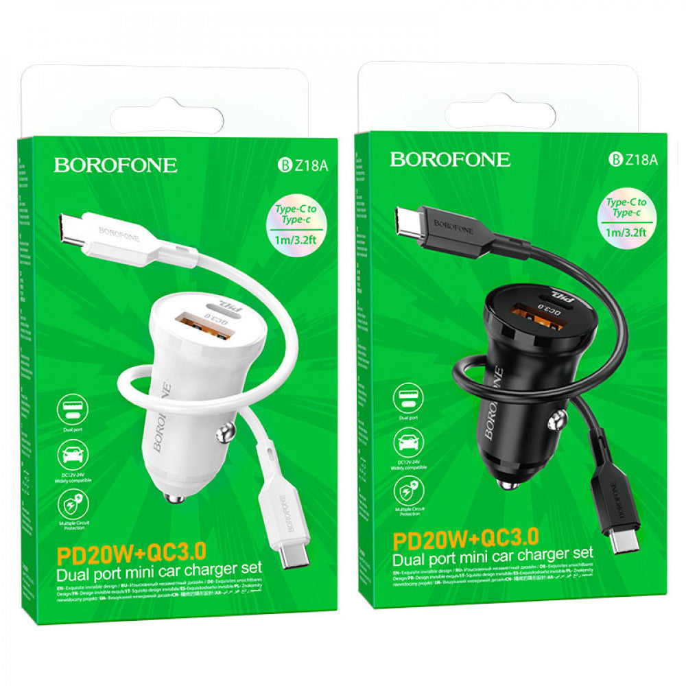 Car Charger 20W PD QC3.0 USB C Cable (1m) Borofone BZ18A – Black