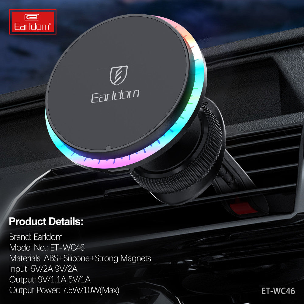 Автотримач магнітний на повітропровід з бездротовою зарядкою 15W Earldom ET-WC46
