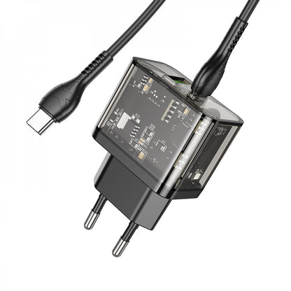 Home Charger 20W 1U 1C PD QC3.0 C to C Cable (1m) Hoco N34 Dazzling — Transparent Black