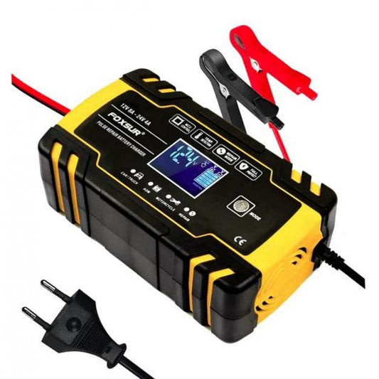Зарядний пристрій для автомобільного акумулятора Foxsur FBC122408D 12 В 8 А-24 В 4 A Yellow , імпульсний автоматичний