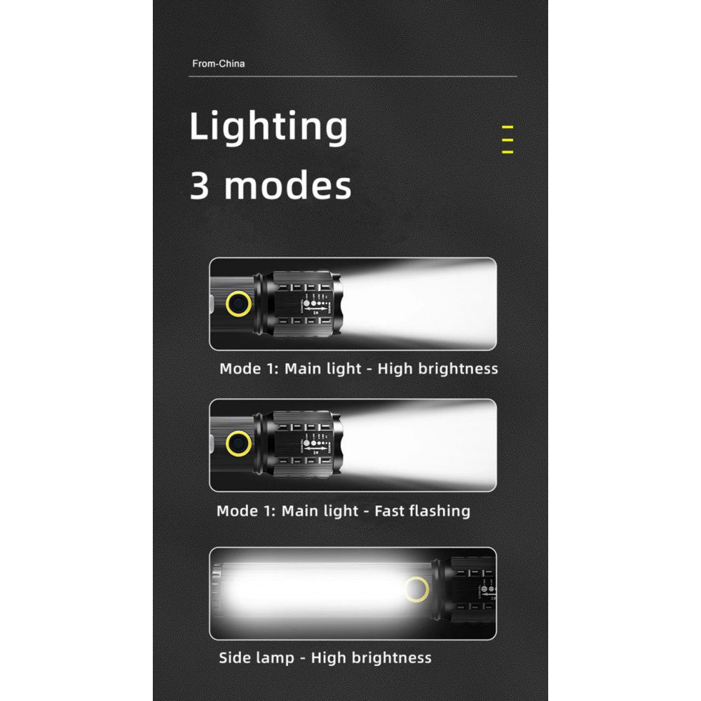Rechargeable LED flashlight C73 with side diode three modes of operation, main light, side LED light and strobe
