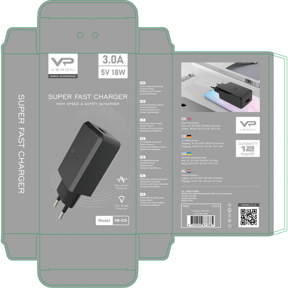 Home Charger | 18W | 1U — Veron VR-C13Q — Black