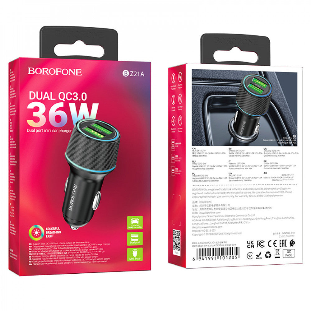 Car Charger 36W 2 QC3.0 Borofone BZ21A – Black