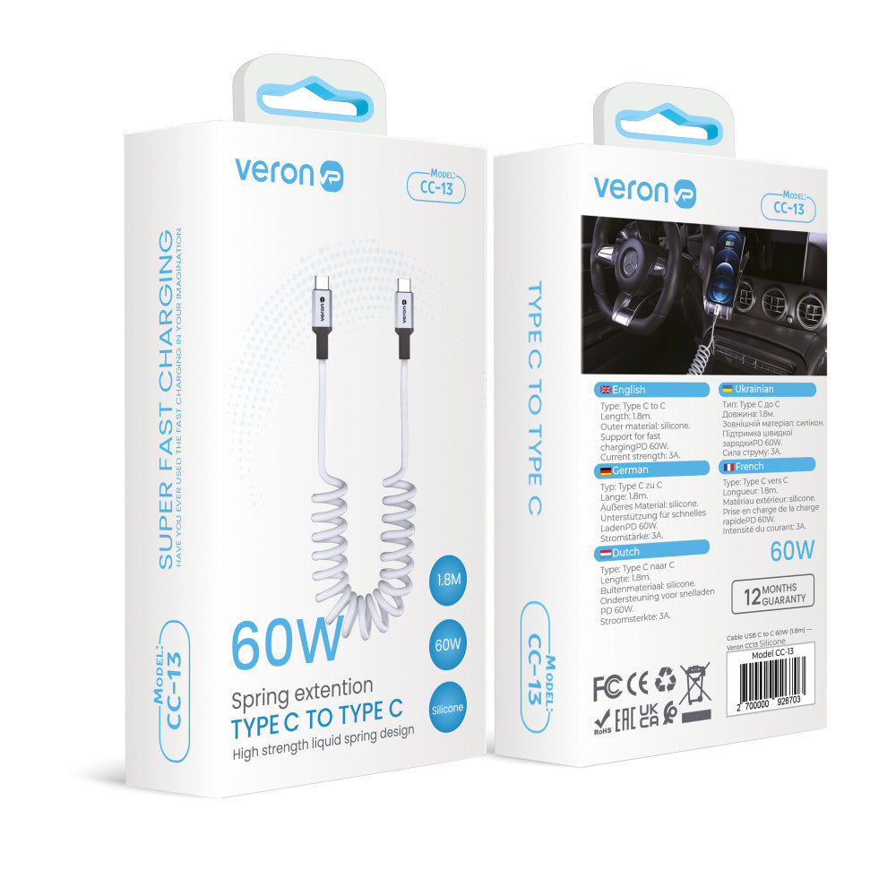 USB C to C cable 60W PD (1.8m) Veron CC13 Silicon – Black