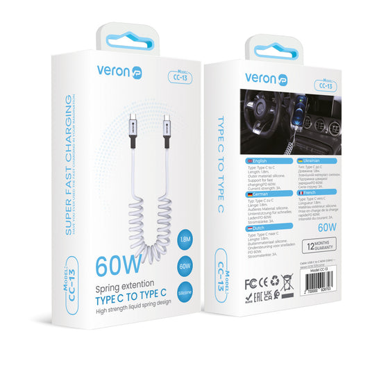 USB C to C cable 60W PD (1.8m) Veron CC13 Silicon – Black