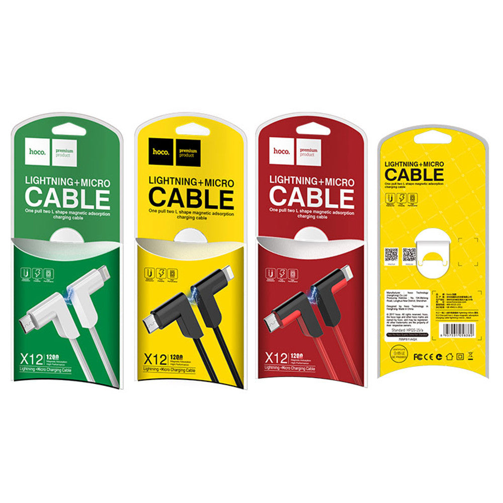 Cable 2 in 1 (L, M) 2.4A (1.2m) Hoco X12 L shape, Magnetic Adsorption