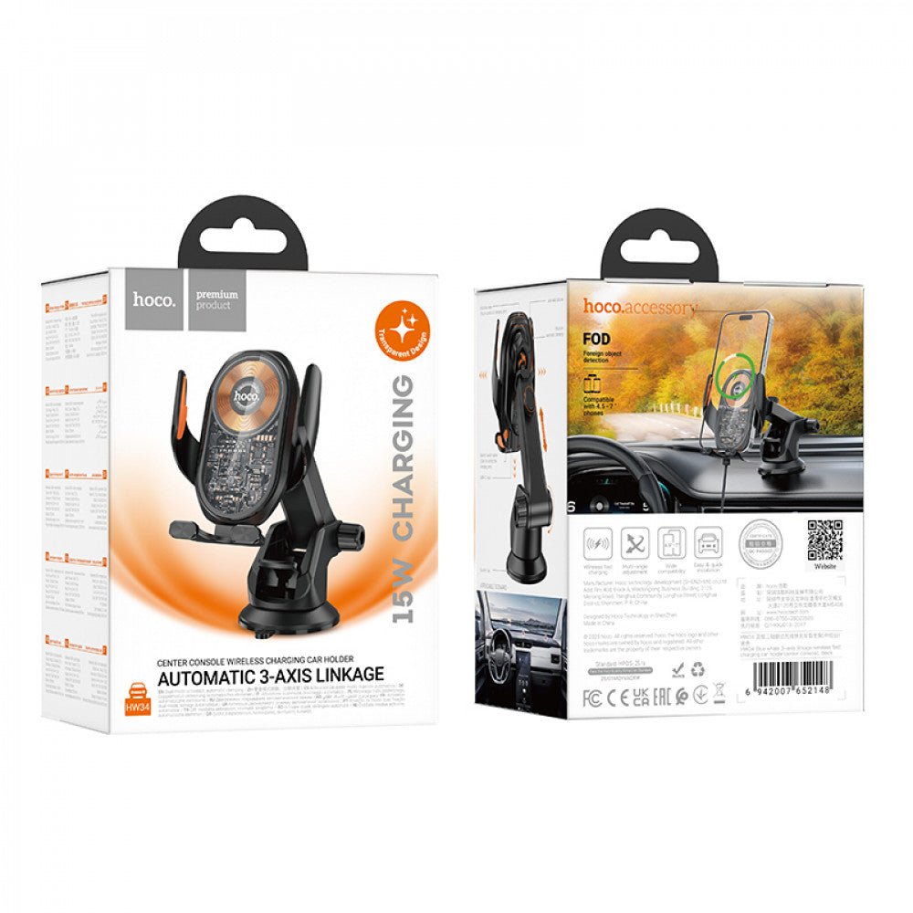 Автотримач розсувний на повітропровід з бездротовою зарядкою 15W Hoco HW34