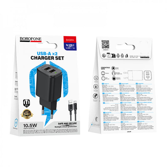 Home Charger 2.1A 2U USB C Cable (1m) Borofone BAS81A — Black