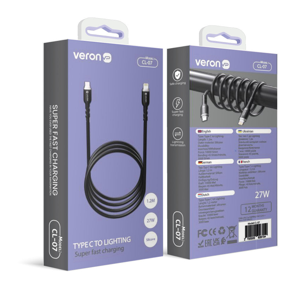 USB C to Lightning cable 27W PD (1.2m) Veron CL07 Silicon