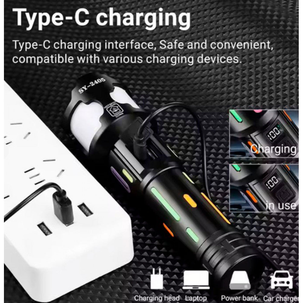 Фонарь ручной с индикатором заряда, Zoom, UCB - C, АКБ 26650, Power Bank —L-2405-TG