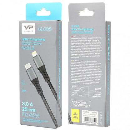 USB C to Lightning Cable 20W PD (0.25m) Veron CL09s Nylon