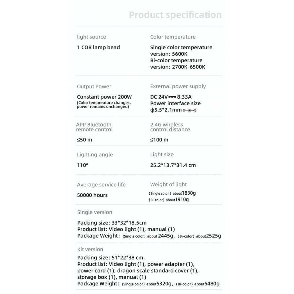 LED video lamp kit YNRAY200 200W color 2700-6500K