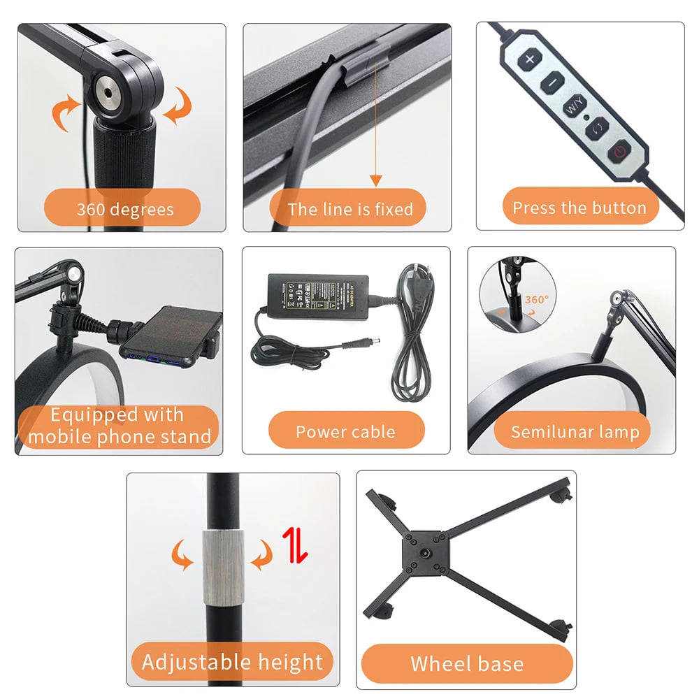 Shadowless LED crescent lamp HD-M50X 36W color 3200-5600K 50cm light:238 138-180cm Alloy lamp head+metal support