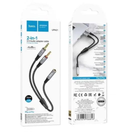 Cable Aux (Female to 2 Male) (0.25m) Hoco UPA21 – Metal Gray
