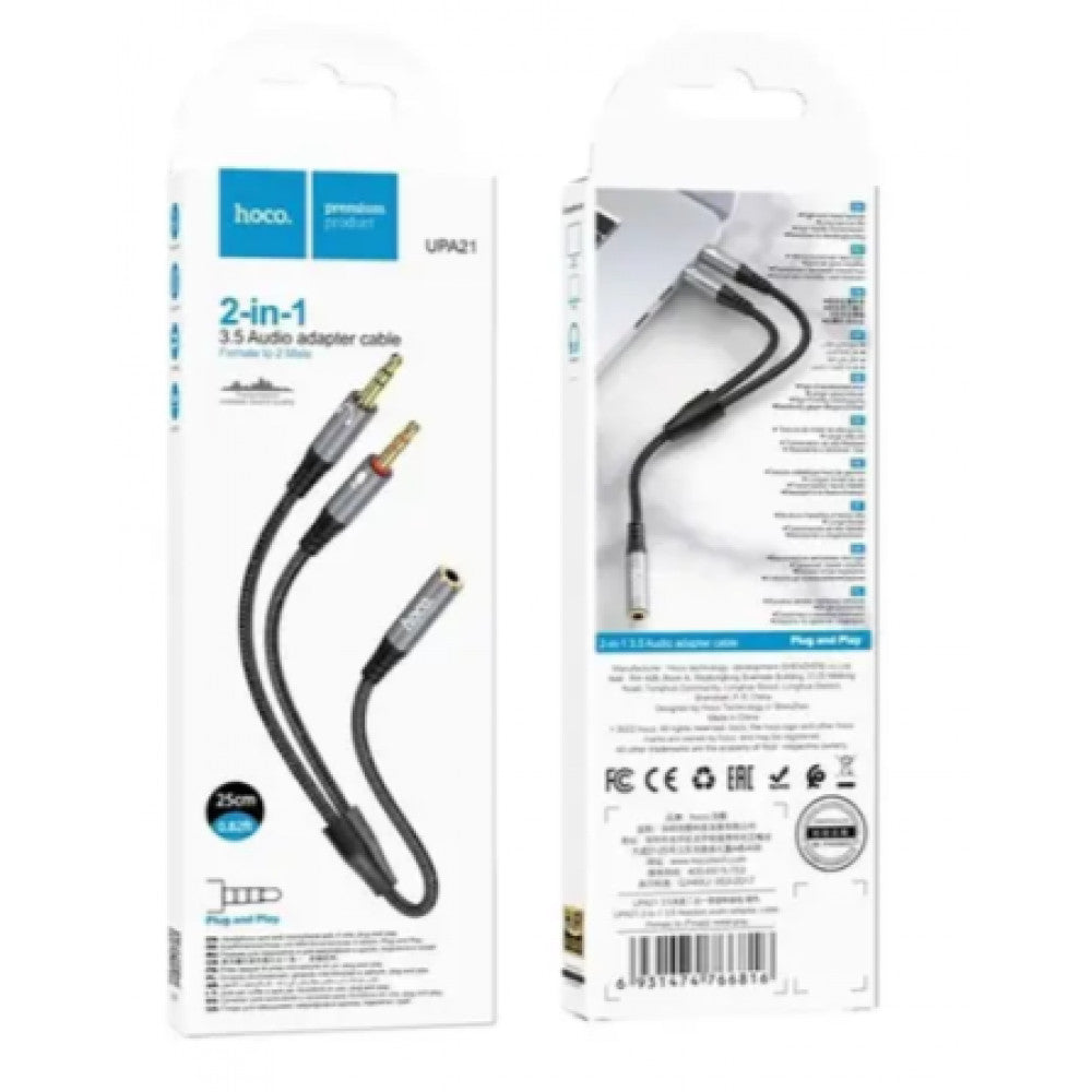 Cable Aux (Female to 2 Male) (0.25m) Hoco UPA21 – Metal Gray