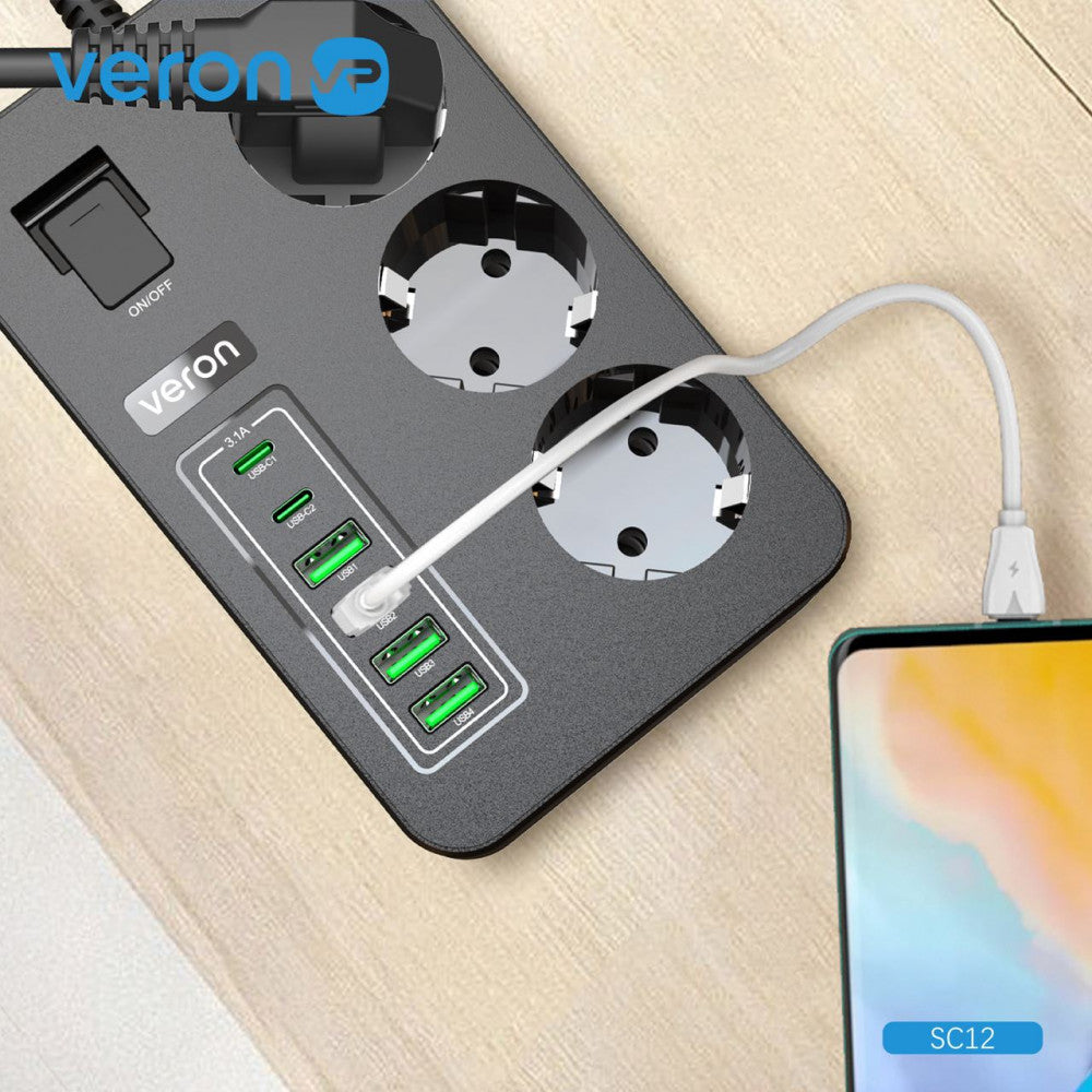 Life filter 4USB | 2USB-C | 3P | 3.1A | 2m - Veron SC12