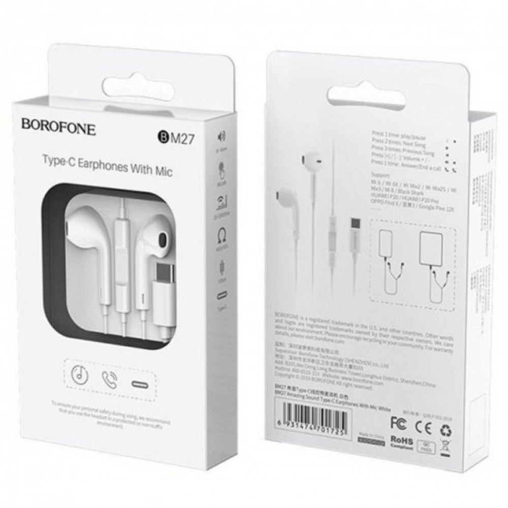 Type C headphones with microphone Borofone BM27 Amazing Sound – White