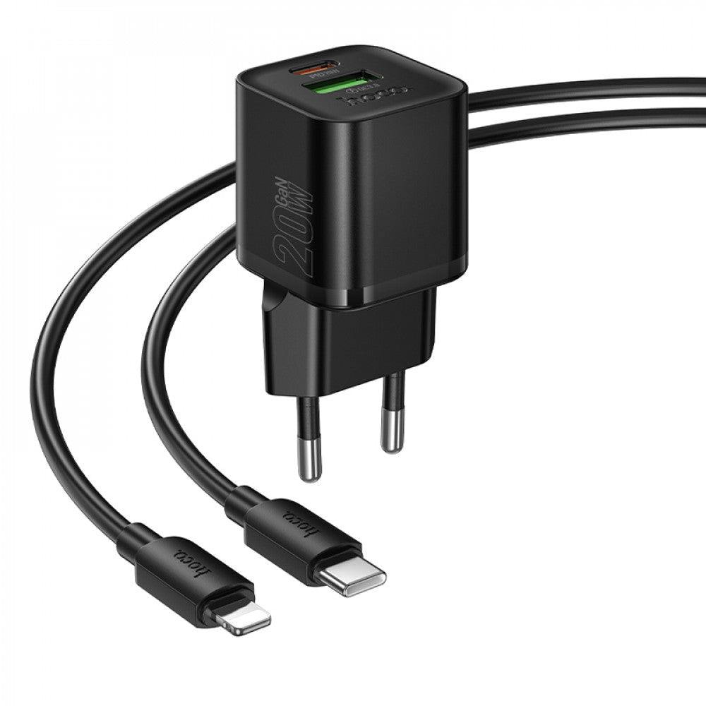 Home Charger | 20W | PD | QC3.0 | C to Lightning Cable (1m) — Hoco N65 — Black