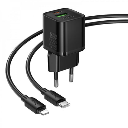 Home Charger | 20W | PD | QC3.0 | C to Lightning Cable (1m) — Hoco N65 — Black