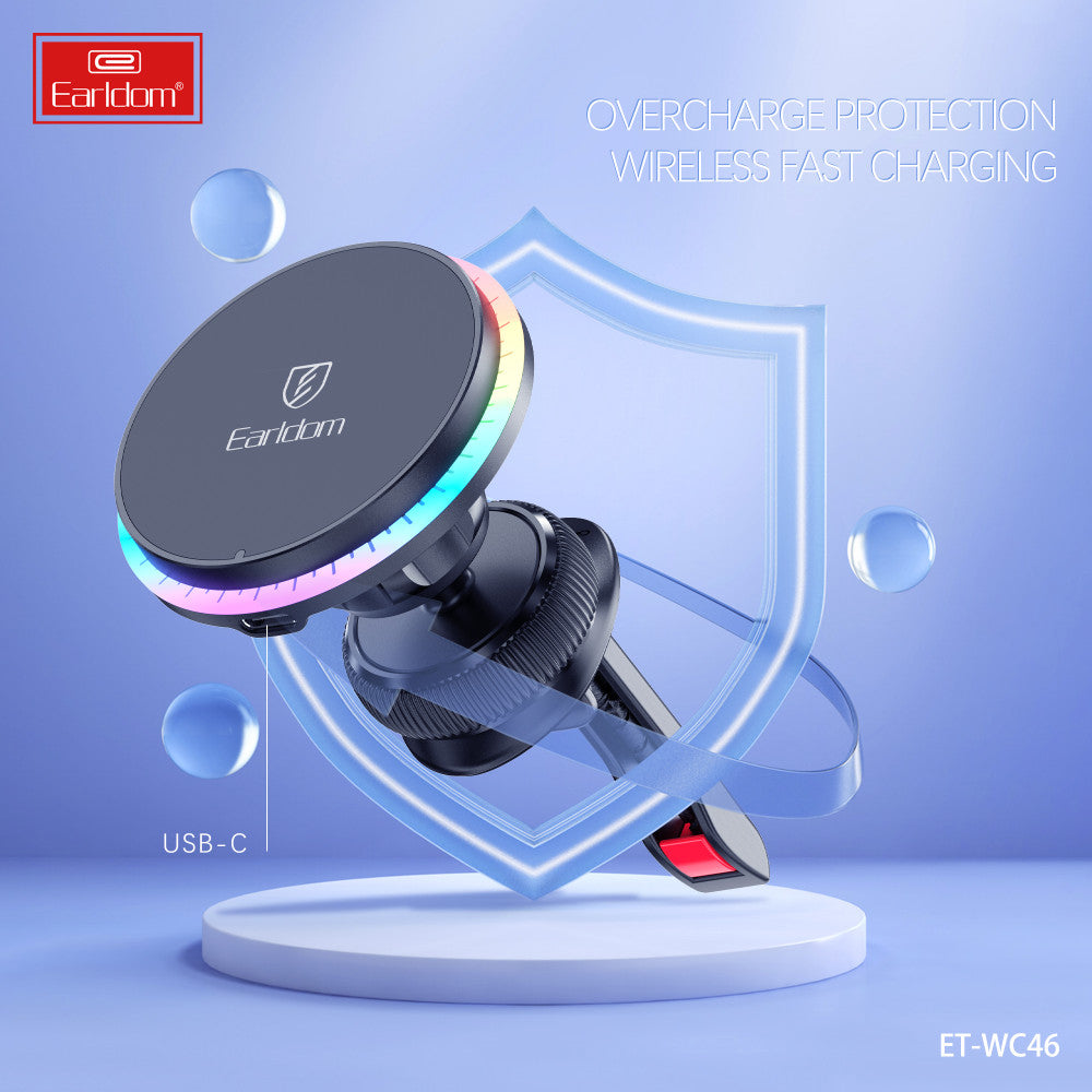 Автотримач магнітний на повітропровід з бездротовою зарядкою 15W Earldom ET-WC46