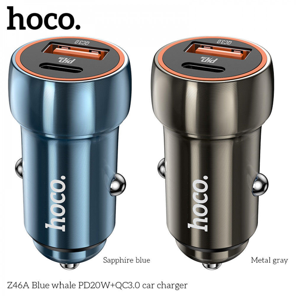 Car Charger | 20W | PD | USB QC3.0 | USB-C | — Hoco Z46A — Metal Gray