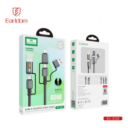 Led Lightning Cable 6 in 1 ( USB, L, С ) 60Watt (1.2m) — Earldom EC-IC03