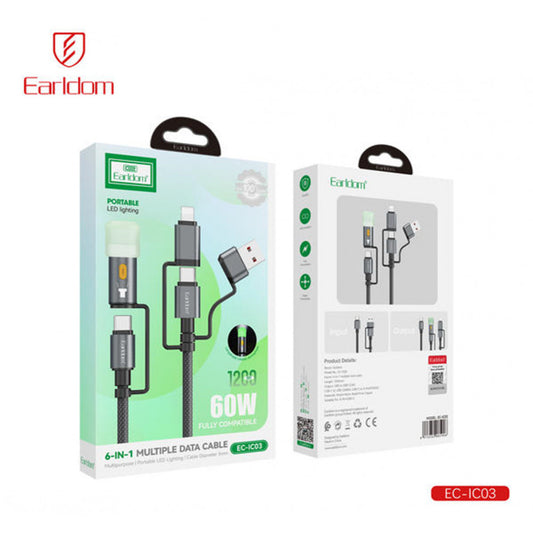 Led Lightning Cable 6 in 1 ( USB, L, С ) 60Watt (1.2m) — Earldom EC-IC03