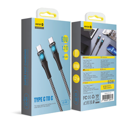 USB C to C Cable 60W PD (1.2m) Veron CC01 Nylon LED – Black