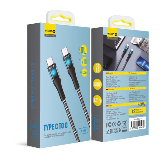 USB C to C Cable 60W PD (1.2m) Veron CC01 Nylon LED – Black