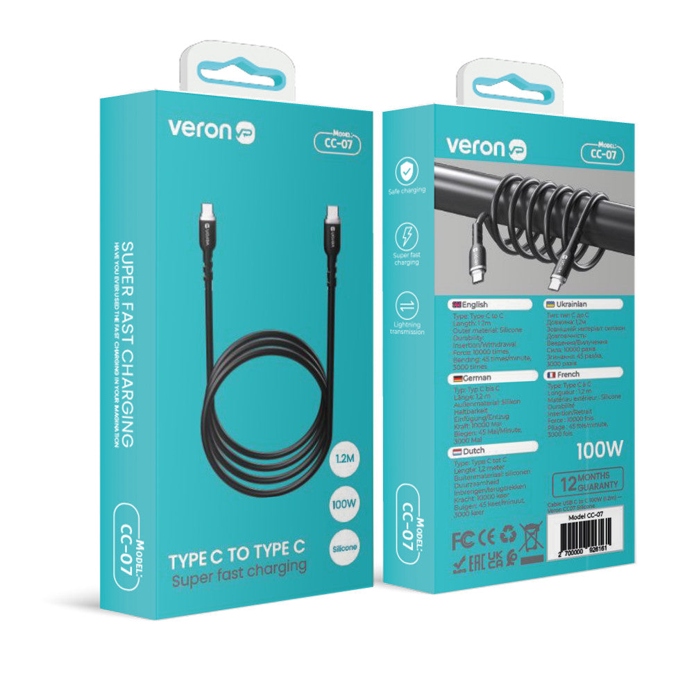 USB C to C cable 100W PD (1.2m) Veron CC07 Silicon