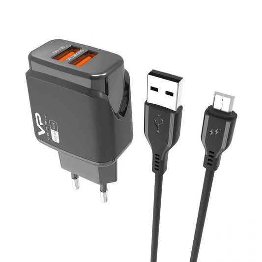 Home Charger | 2.4A | 2U | Micro Cable (1m) – Veron VR-C12M – Black