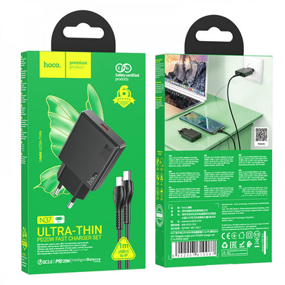 Home Charger 20W PD3.0 C to Lightning Cable (1m) Hoco N37 – Black