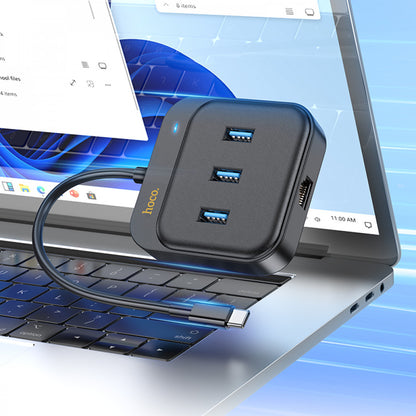 USB Ethernet Adapter Easy link 4-in-1 Gigabit USB C to USB3.0*3+RJ45(L=0.2M) Hoco HB35 – Black