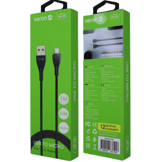 Micro 2.4A Cable (1m) Veron SM08 Silicon — Black