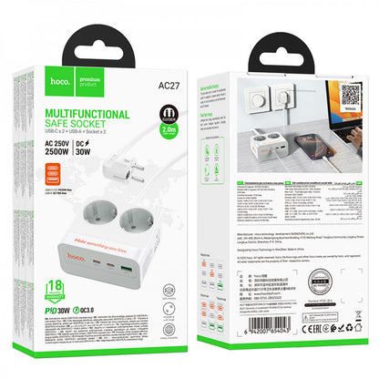 Power Extension 1U | 2P | 2C — Hoco AC27 L=2M  — White