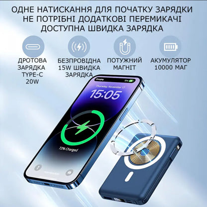 Power Bank 10000 mAh | Yiisonger KT-D011, 22.5W, MagSafe 18W, + 2 кабеля Type-C и IP, Синий
