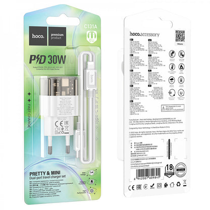 Home Charger 30W PD QC3.0 C to Lightning Cable (1m) Hoco C131A – Transparent Black