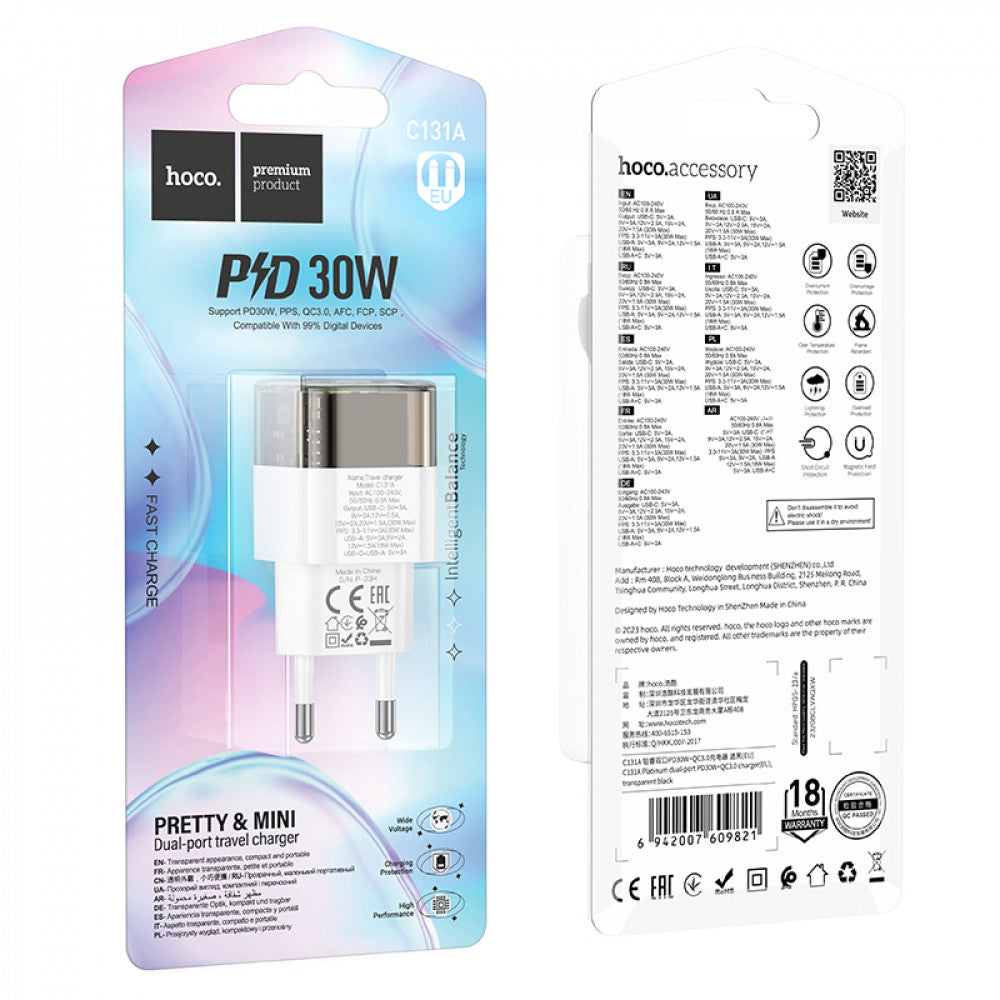 Home Charger | 30W | PD | QC3.0 – Hoco C131A – Transparent Black