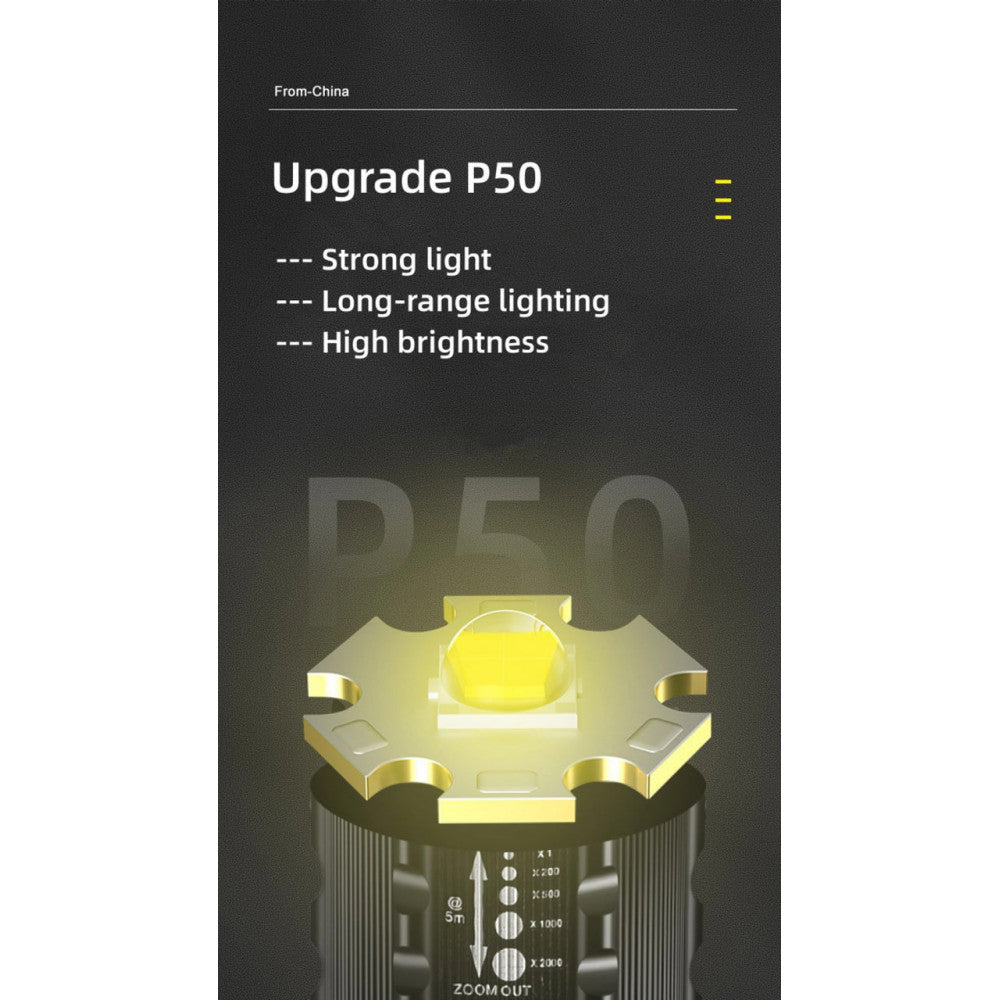 Rechargeable LED flashlight C73 with side diode three modes of operation, main light, side LED light and strobe