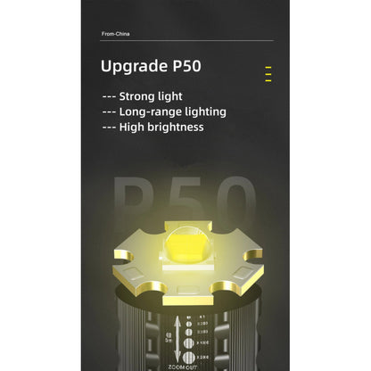 Rechargeable LED flashlight C73 with side diode three modes of operation, main light, side LED light and strobe