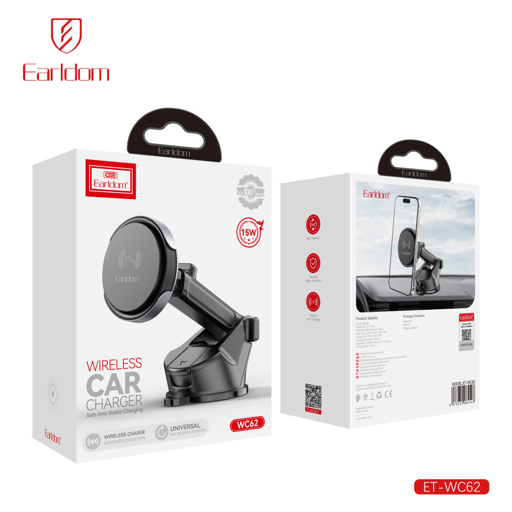Автотримач магнітний на присосці з бездротовою зарядкою 15W Earldom ET-WC62