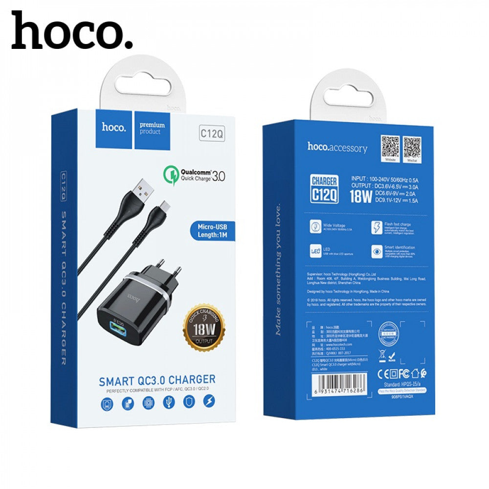 Home Charger | 18W | QC3.0 | Micro Cable (1m) – Hoco C12Q – Black