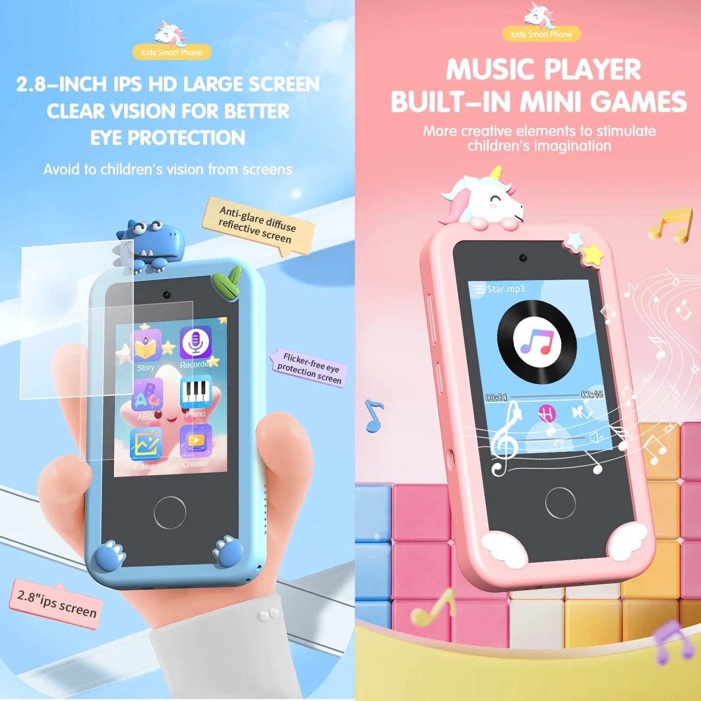 Children's smartphone for girls aged 3 and up: camera, MP3 player, games, 32 GB memory card (Hoco Y103)