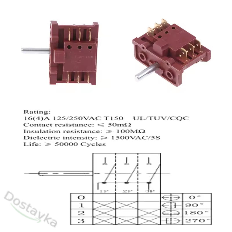 4 Mode 6-Pin Oven Rotary Selector Switch 16A T150 AC (Metal Shaft)