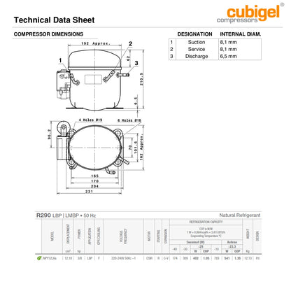 Hermetic Compressor Cubigel NPY12LAa R-290 LPB (ACC) 12.10 cm³ 402 Wt